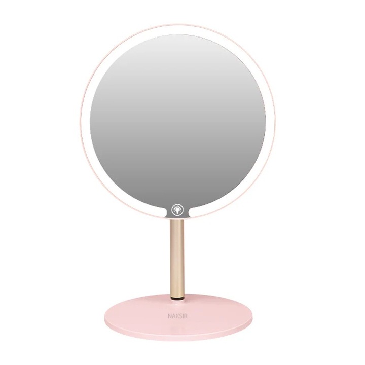 Oglinda cosmetica cu led pentru machiaj, NAXSIR, 3 tipuri de lumina, Luminozitate reglabila, Touch Switch, rotire 90º, baza depozitare mare, USB, 2400mAh, Roz