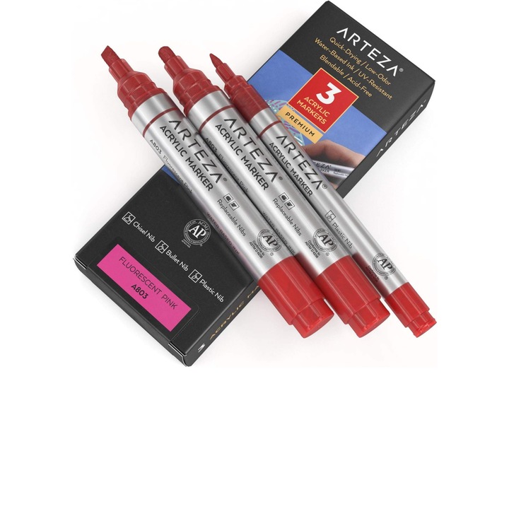 Set de 3 markere cu vopsea acrilica ARTEZA, A803 roz fluorescent, 1 subtire si 2 groase, varf dalta si varf rotund, pentru suprafete din metal, panza, piatra, ceramica, sticla, lemn si tesaturi