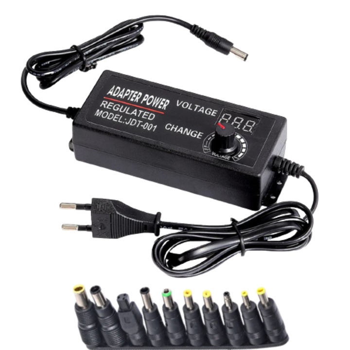 Alimentator Reglabil Universal 3-24V, 3000mA, Afisaj Digital de Voltaj si 10 Conectori, AC DC, Negru
