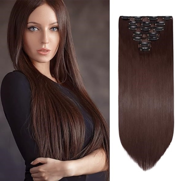 Extensii par SATEN Ciocolatiu, drepte, 16 clipsuri, 57 cm, Animis Beauty ®, fibra sintetica cu aspect natural