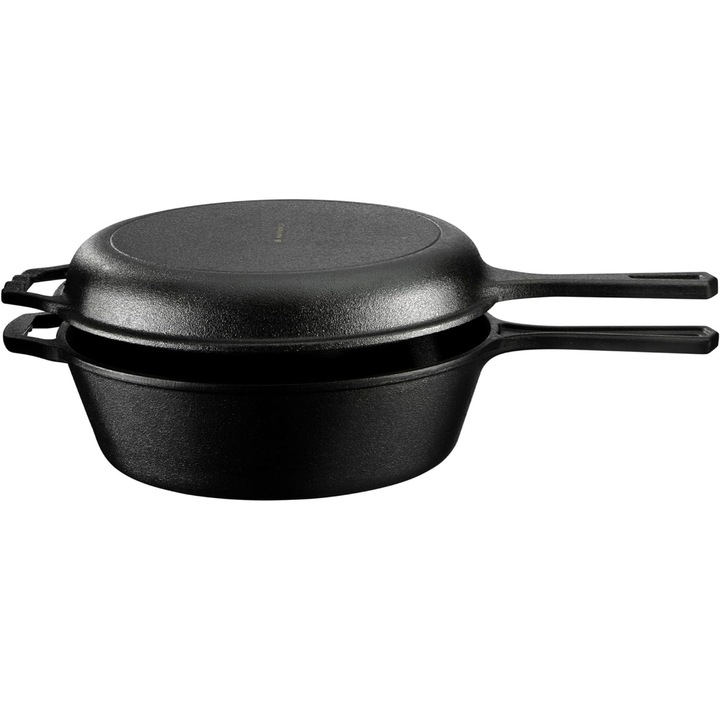 Oala cu capac tip tigaie Navaris din fonta, 3.6 l, 2in1, pentru cuptor, plita, gaz, electric, cu inductie, 26.4 cm