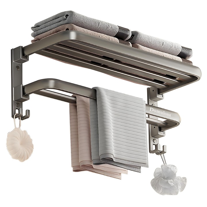 Suport de prosoape pliabil, Domulonx, 2 nivele, aluminiu, gri, 50x21x17.5cm