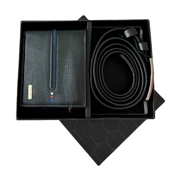 Set cadou pentru barbati JESOU COLLECTION, cutie cu portofel si curea din piele, Negru