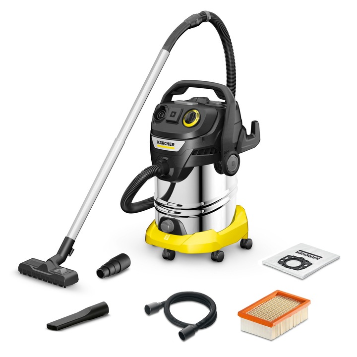 Прахосмукачка Karcher 1.628-486.0 KWD 6 PS V-30/8/22/T сухо-мокро, 1300W, 30л резервоар от неръждаема стомана, С щепсел за работа с електрически инструменти, Жълт/Черен