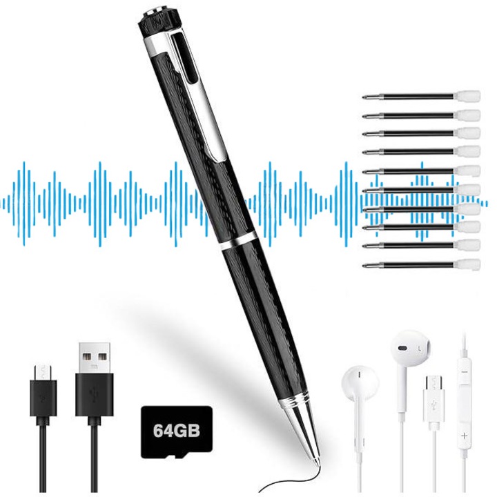 Писалка с вграден шпионски рекордер EXCITED 64GB, Дизайн на превключвател с един бутон, Гласово активирано скрито шпионско устройство, До 600 часа съхранение, Черен
