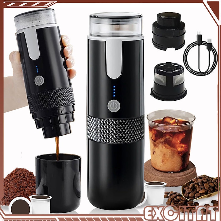 Espressor cu capsule portabil, EXCITAT®, Mod incalzire apa, 15 bar, USB, 1200 mAh, ‎170 ml, Cafea Macinata sau Ciocolata calda, Portabil, Negru