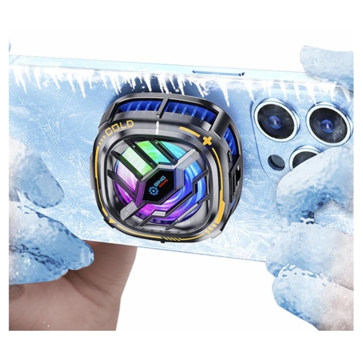 Охладител за телефон EXCITAT®, универсален, с RGB светлини и температурен дисплей, дизайн с магнитно засмукване, полупроводников охлаждащ чип, бързо охлаждане и нисък шум, ABS/алуминиева сплав, черен