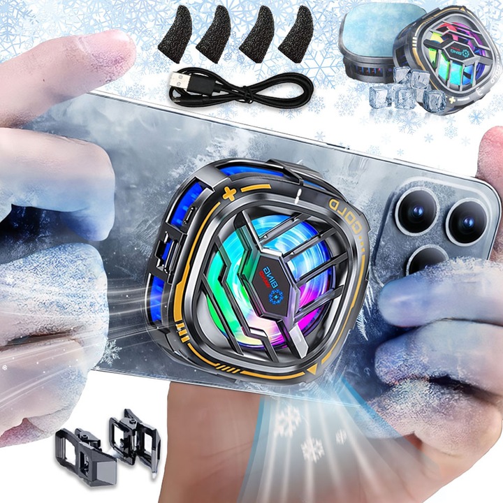 Cooler Magnetic X76 Ultra-Performant, EXCITAT®, Cu Lumini RGB si afisaj de temperatura, Cip de racire cu semiconductor, Racire rapida si zgomot redus, Patuturi si cleme pentru degete de joc gratuite, Pentru iPhone, Android si iPad, Negru