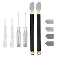 Set diamant profesional pentru taiere manuala sticla, Darklove, Cu surubelnita, 6 capete de taiere, Trei dimensiuni, 2-20mm, Maner ergonomic, Portabil, Durabile, Usor de instalat, Metal, 18x1.5cm, Negru/Argintiu