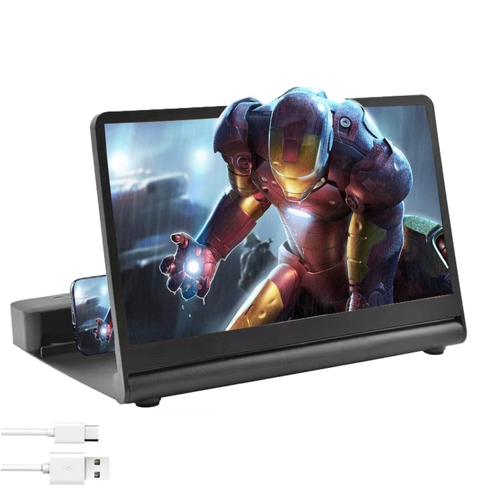 Увеличителен екран за телефон EXCITAT, Сгъваем, Универсален, BT стерео високоговорители, 3D HD, 12 инча, Bluetooth 5.0, Черен