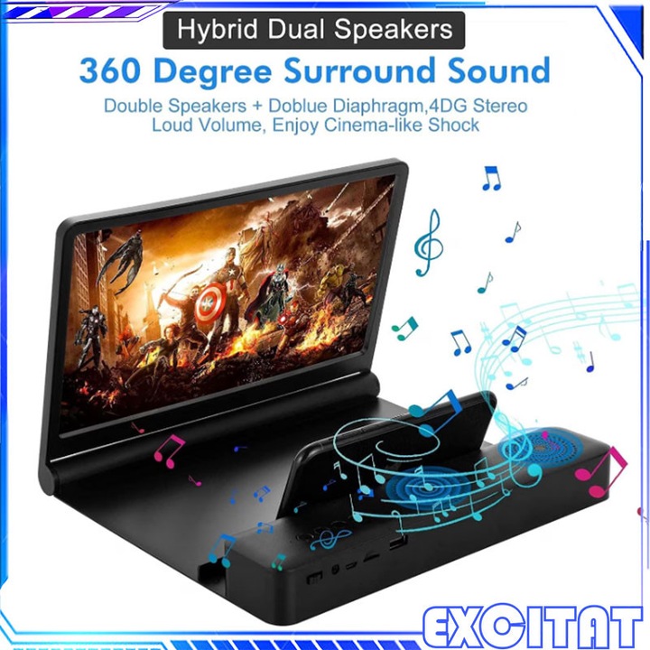 Amplificator imagine telefon, EXCITAT®, pliabila, Universal, Difuzoare stereo BT, 3D HD, 12 inchi, Bluetooth 5.0, Negru