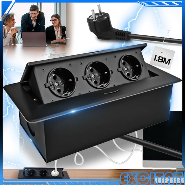 Priza Incorporabila in Blat Bucatarie, Masa sau Birou EXCITAT®, 3 Prize Schuko,16A/250V,3500W, Incastrabila, lungime cablu 1.8m, Negru