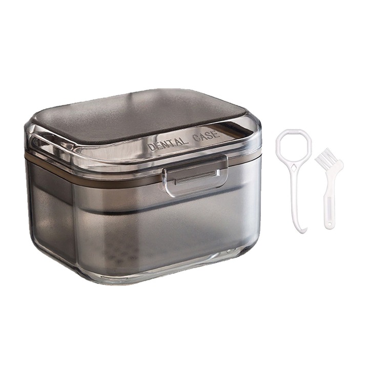Cutie depozitare proteza dentara, Darklove, Aparat dentar, Cu sita, Usor de curatat, Durabile, Rezistenta la praf, Portabil, Design ergonomic, Pentru aparate ortodontice, Plastic, 8x7.3x5.5cm, Negru/Transparent