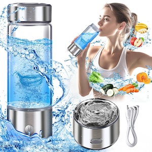 Sticla Generator de Apa Hidrogenata/Ionizata, Excitat®, ionic, hidrogen molecular, Concentratie Hidrogen 3000PPB, apa terapeutica, sanatoasa, Filtrare si Alcalinizare, 420 ml, Led, USB, Portabila, Pentru copii si adulti, Gri