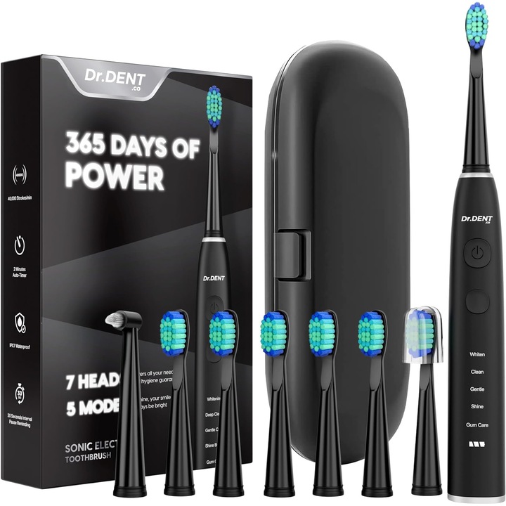 DrDent Premium Sonic elektromos fogkefe, 7 kefefej és utazótáska, 5 tisztítási mód intelligens időzítővel, Meghosszabbított akkumulátor-élettartam, Egy töltéssel 8 hónapig bírja