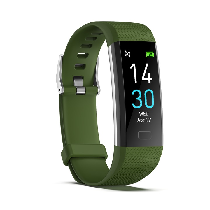 Фитнес гривна S5, i4FIT, 0,96-инчов TFT сензорен екран, известия за APP, крачкомер, кръвно налягане, оксиметър, заседнала активност, глюкоза, температура, сърдечен ритъм, управление на камерата, IP 68, 16 спортни режима, Army Green