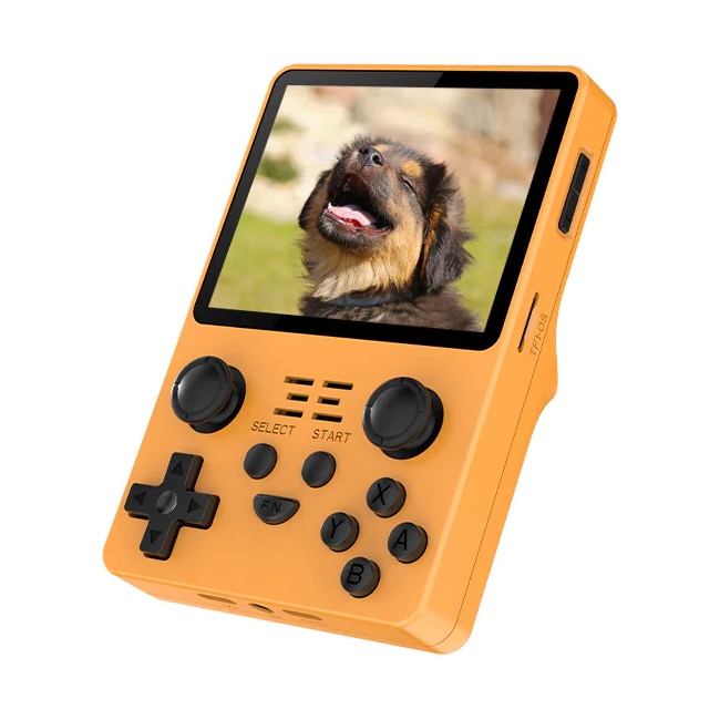 Consola retro portabila POWKIDDY RGB20S 64GB cu jocuri, quad core Cortex-A35 1.5GHz, 1GB DDR3, IPS LCD 3.5" 640x480, 3500 mAh, portocaliu
