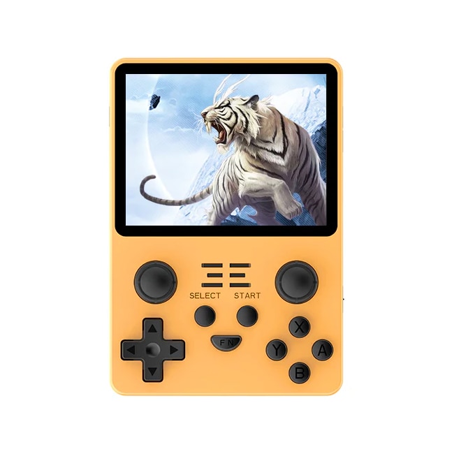 Consola retro portabila POWKIDDY RGB20S 64GB cu jocuri, quad core Cortex-A35 1.5GHz, 1GB DDR3, IPS LCD 3.5" 640x480, 3500 mAh, portocaliu