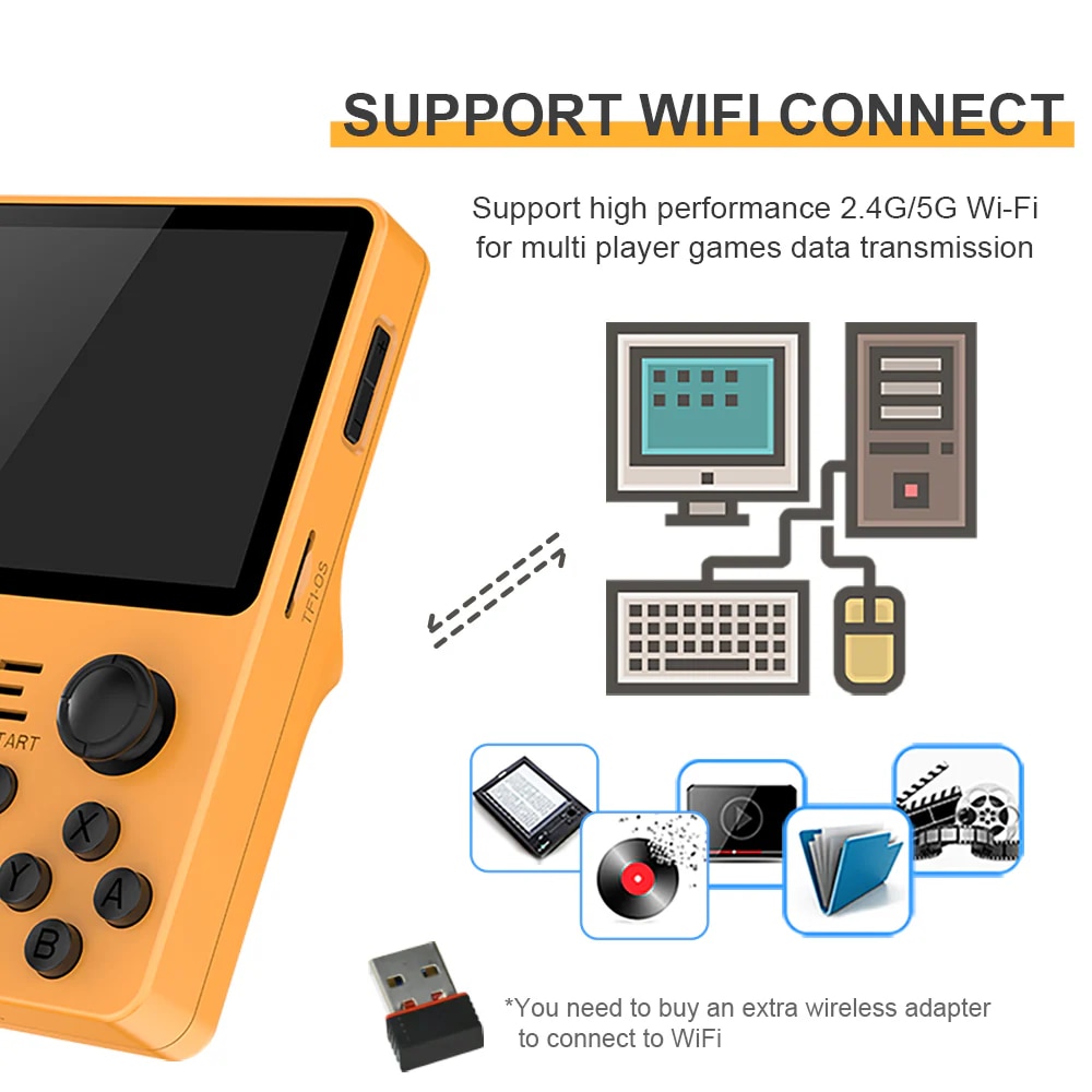 Consola retro portabila POWKIDDY RGB20S 64GB cu jocuri, quad core Cortex-A35 1.5GHz, 1GB DDR3, IPS LCD 3.5" 640x480, 3500 mAh, portocaliu