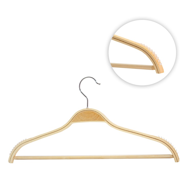 Set Umerase Lemn, Unic Hangers, 10 Bucati, Cauciuc Antialunecare, Bara pentru Pantaloni, Ultra Rezistente si Durabile, Dimensiuni 42 x 21 x 1.2 cm, Carlig Rotativ 360°, Suporta Pana la 5 kg, Design Modern, Ideal pentru Pantaloni, Sacouri, Bluze, Natur