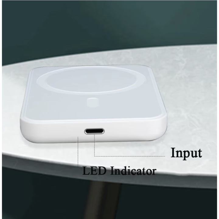 MagSafe mágneses vezeték nélküli töltő, iPhone kompatibilis, Hordozható, 5000 mAh, Gyorstöltés, Fehér