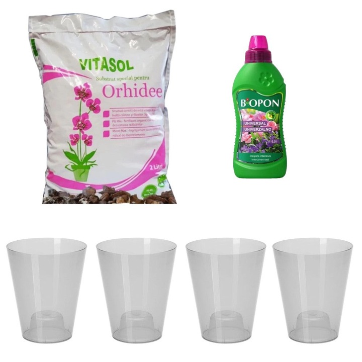 Set 4 Ghivece Orhidee Transparente cu Substrat Vitasol 2l pentru Plantare si Ingrasamant Lichid 0, 5l