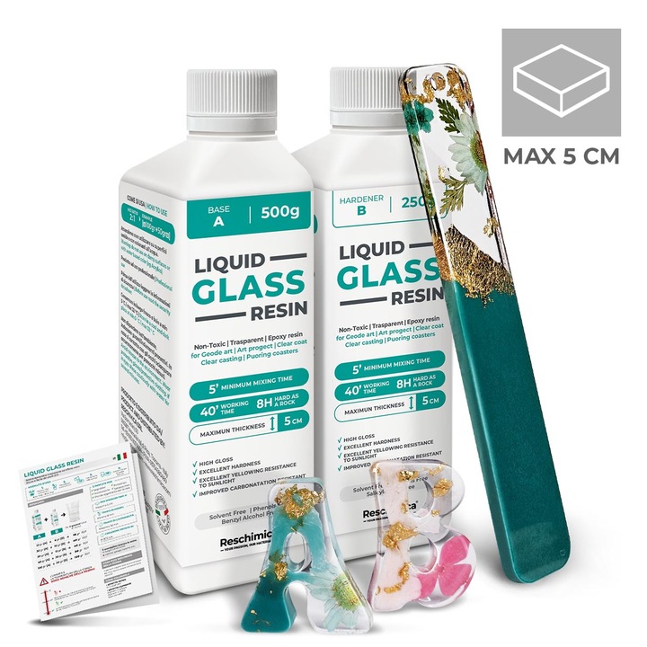 Resina epoxidica transparenta, efect de sticla - Perfecta pentru bricolaj, bijuterii si modelism. Poate fi colorata si este usor de utilizat - Resina Liquid Glass (300 gr)