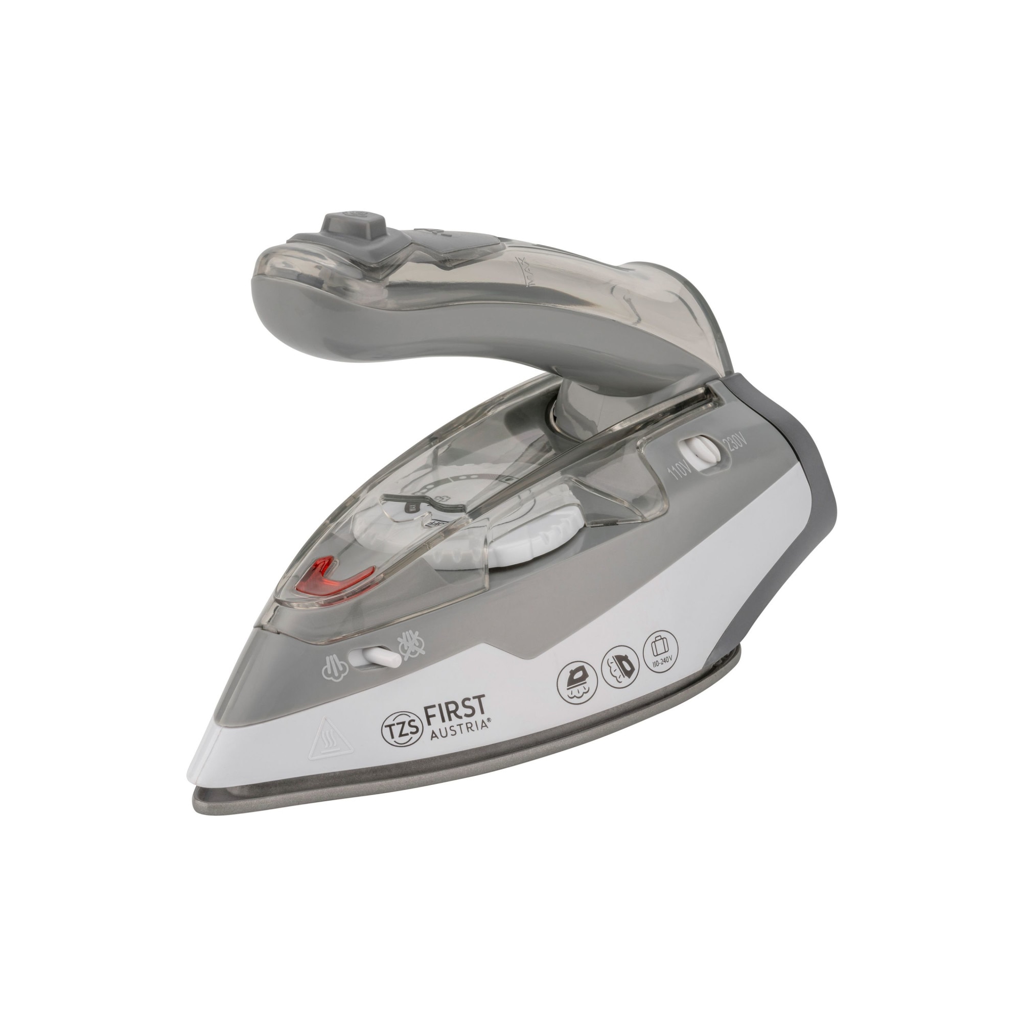 Fier de calcat cu aburi de calatorie TZS First Austria, pliabil, 750g, calcare verticala cu aburi, 110V/240V, reglaj de temperatura, talpa ceramica