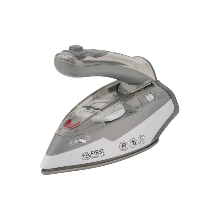 Fier de calcat cu aburi de calatorie TZS First Austria, pliabil, 750g, calcare verticala cu aburi, 110V/240V, reglaj de temperatura, talpa ceramica