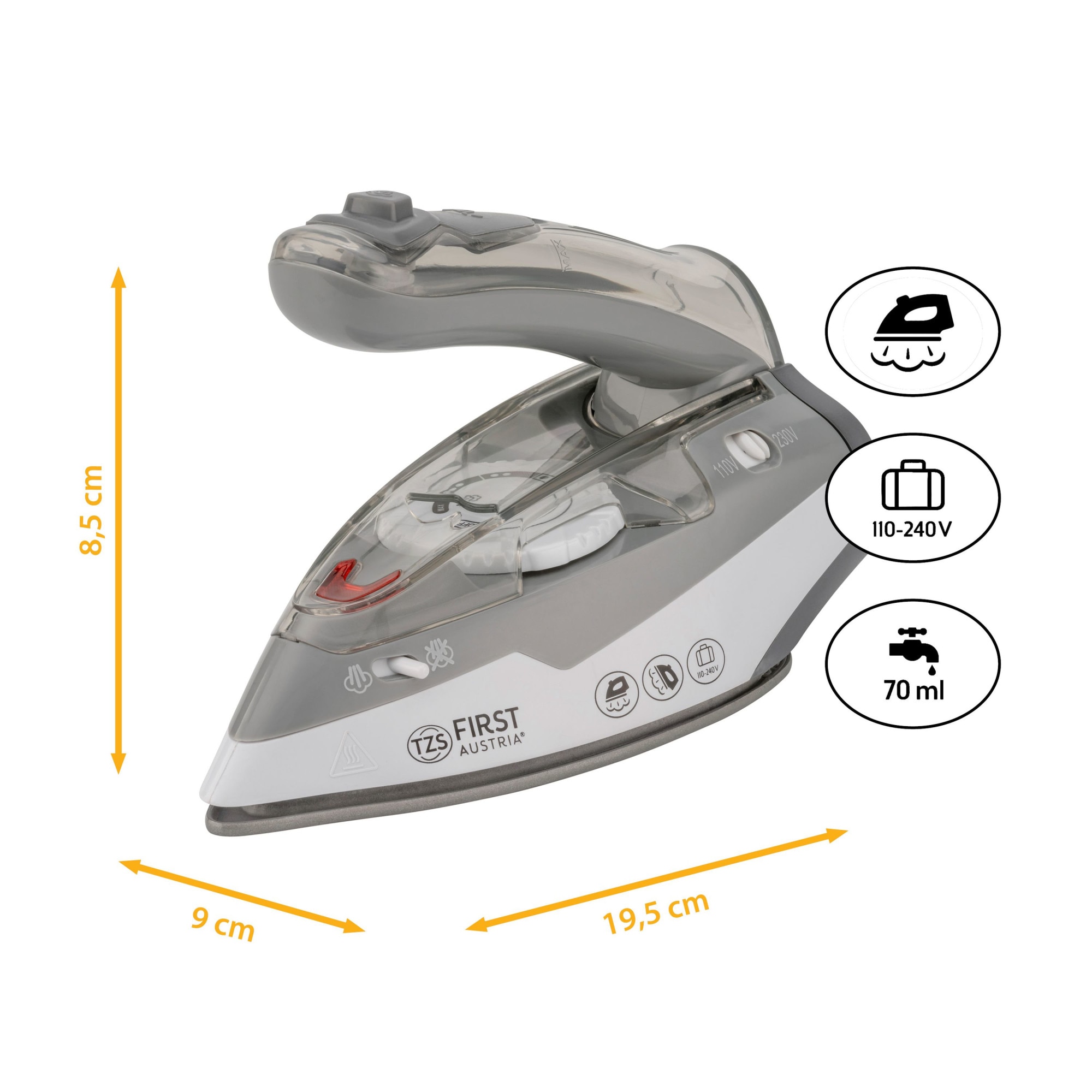 Fier de calcat cu aburi de calatorie TZS First Austria, pliabil, 750g, calcare verticala cu aburi, 110V/240V, reglaj de temperatura, talpa ceramica