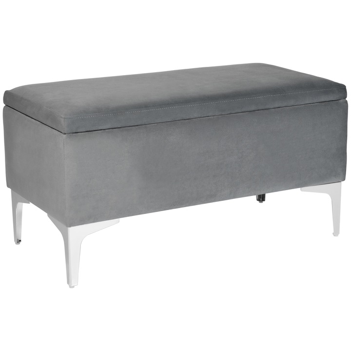 Bancheta cu spatiu de depozitare Canetti CR, Lordly, Velur matlasat, 81x42 cm, Gri