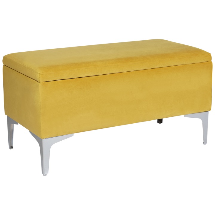 Bancheta cu spatiu de depozitare Canetti CR, Lordly, Velur matlasat, 81x42 cm, Mustar deschis