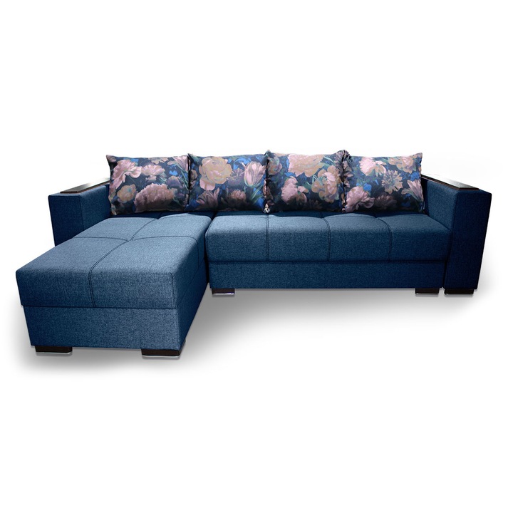 Coltar extensibil Solis, cu lada depozitare, 261 x 170 x 72 cm, Stofa, Albastra