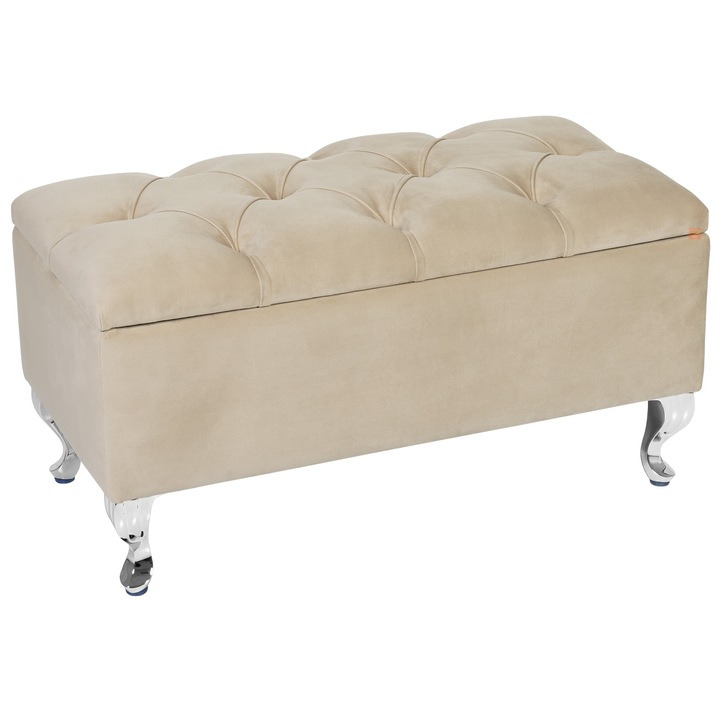 Bancheta cu spatiu de depozitare Verona CR, Lordly, Velur matlasat, 81x42 cm, Bej