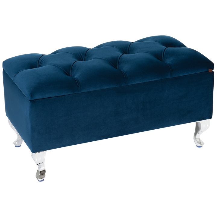 Bancheta cu spatiu de depozitare Verona CR, Lordly, Velur matlasat, 81x42 cm, Albastru