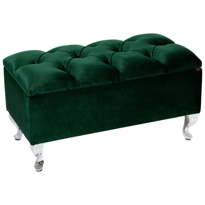 Bancheta cu spatiu de depozitare Verona CR, Lordly, Velur matlasat, 81x42 cm, Verde