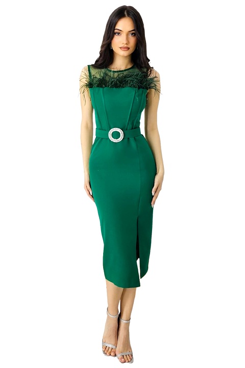 Rochie eleganta din bumbac, Naisha, cu pene naturale, Verde