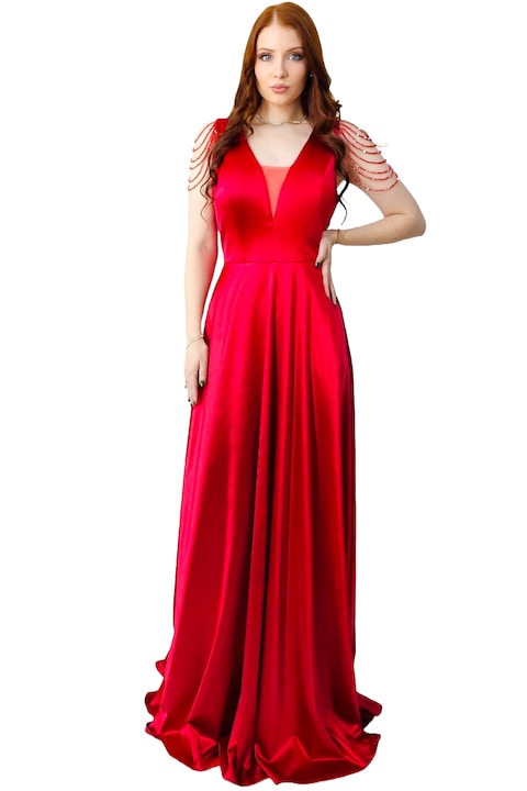 Официална рокля FY FashionForYou Leontina, със сатенена текстура, Червен