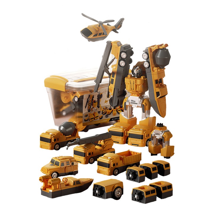 Set de constructie vehicul de inginerie, asamblare magnetica, 21 piese, pentru baieti, 1 an+, galben
