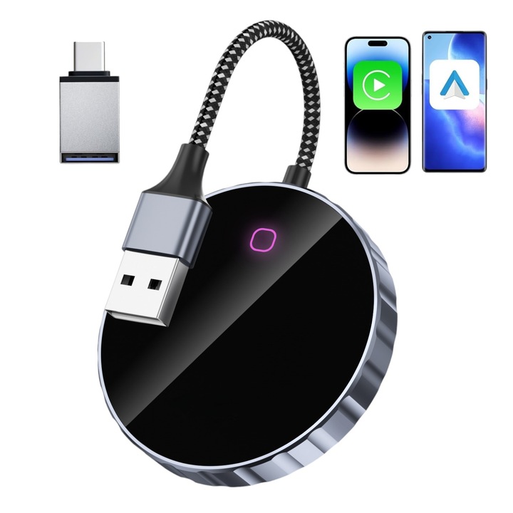 Adaptor Auto Wireless 2 in 1 LONDEMM, Modul Apple CarPlay si Android Auto, Compatibil IOS 10+ si Android 11+, Procesor AI, Multifunctional, Conectare Automata, Control Vocal, WiFi 5Ghz, Configurare Usoara Plug and Play, Negru