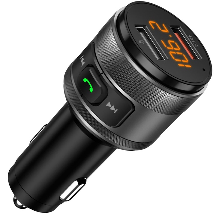 Modulator FM C01 LAGATO®, Bluetooth 5.4, Transmitator FM cu Incarcare, functie de incarcator auto 2 x port USB, Fast Charge, Hands-Free cu functie Noise Cancelling, Microfon Extern, Afisaj Digital, Redare de pe Stick USB, compatibil cu orice Device, Negru