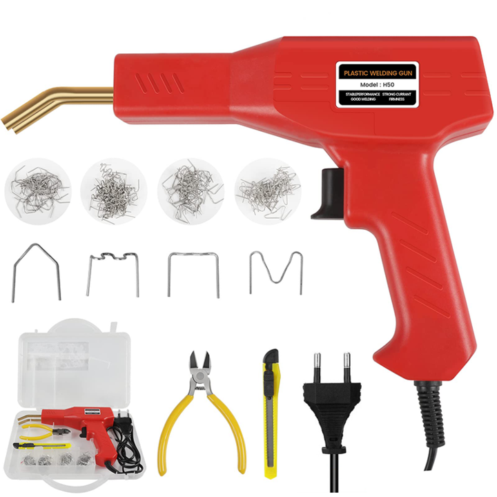 Set de sudura plastic cu pistol si 200 de capse, multifunctional, cu geanta de transport, rosu