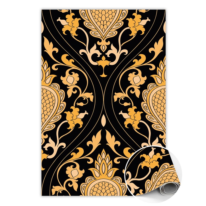 Covor de vinil, PVC, Damasc auriu, Negru, 120 cm x 180 cm, 010260360160000031013