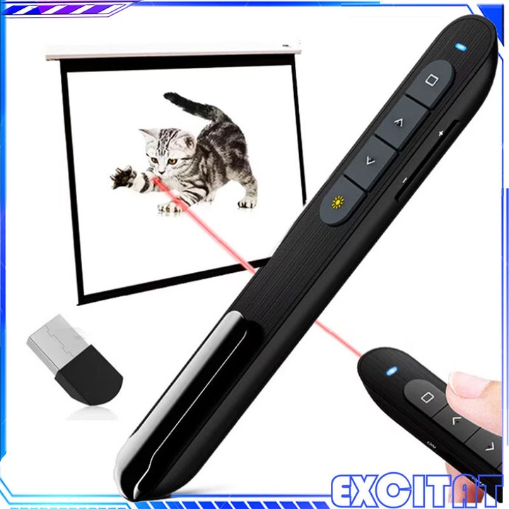 Prezentator wireless, EXCITAT, pointer laser, Multifunctional, ABS, Compatibil cu diverse sisteme si software-uri, Potrivit pentru diverse scenarii, receptor USB A, Baterie, Negru