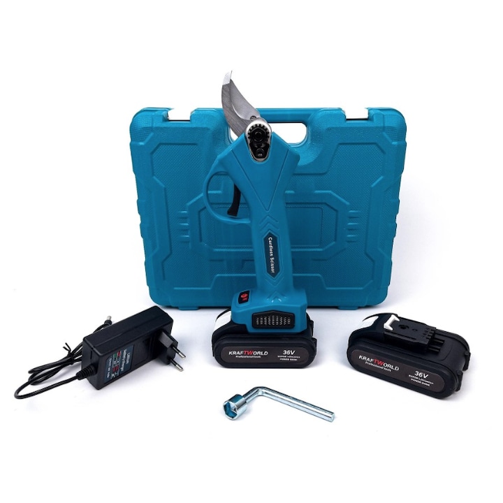 Foarfeca de gradina Kraftworld cu 2 acumulatori pentru vita de vie si crengi 36V Albastru