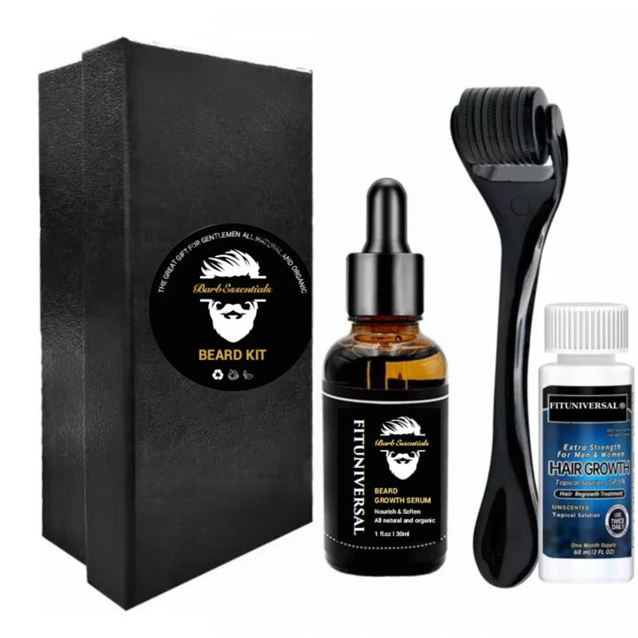 FITUNVIERSAL® Комплект от 3 части масло и серум за растеж и грижа за брада, включващ дерма ролер, серум и специално масло за растеж и изглаждане на косата, 90 ML