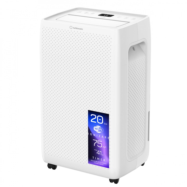 Влагоуловител Turbionaire SENSO N20 WiFi, 20 l/24h, WiFi, Пречистване чрез йонизация, Безшумен 41 dB, Резервоар 4.5l, 180 m³/h, Автоматични клапи, Електронно управление, Таймер, Дигитален дисплей, Сензорно управление