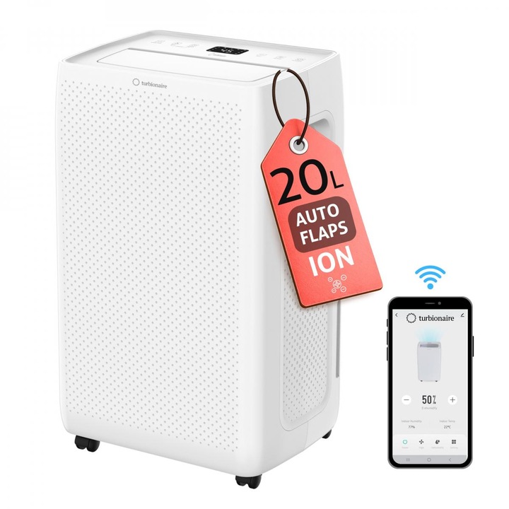 Dezumidificator Turbionaire SENSO N20 WiFi, 20 l/24h, WiFi, Purificare prin ionizare, Silentios 41 dB, Rezervor 4.5l, 180 m³/h, Flaps automat, Control electronic, Timer, Display digital, Control tactil