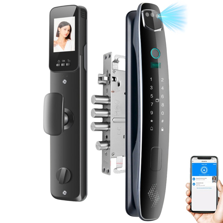 Интелигентен Yala Smart с лицево разпознаване, безжично заключване VisionHub с видеокамера, отваряне с пръстов отпечатък, карта, парола, ключ, приложение, съвместимо с Android и IOS, дистанционно управление, множество режими на достъп, включено заключване