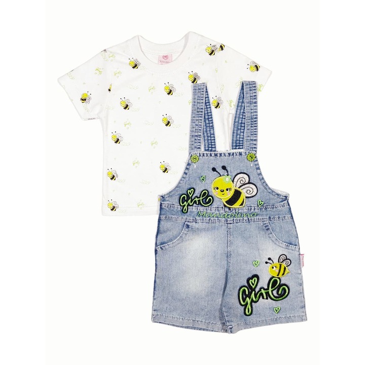 Compleu 2 piese ALBINUTA COCHETA cu Salopeta scurta din denim si Tricou pentru bebelusi, ERAKIDS, Bumbac, ( ), Verde/Albastru denim, Albastru